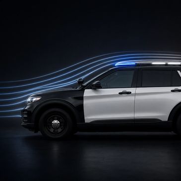 Side view of a black and white SUV with airflow lines.