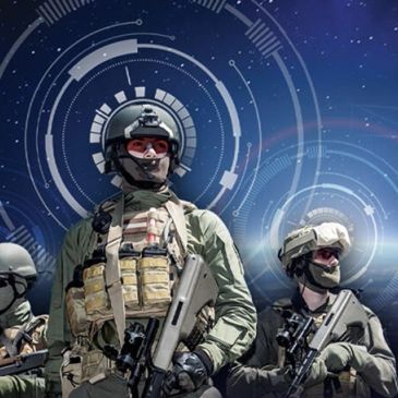 Soldiers in tactical gear with futuristic digital HUD overlays at night.