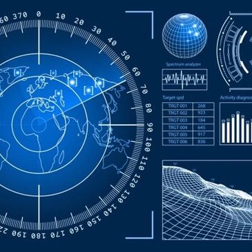 Digital radar screen displaying global map and data analytics.