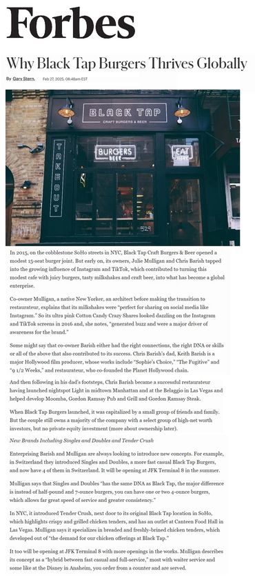 Forbes article on Black Tap Burgers' global success.