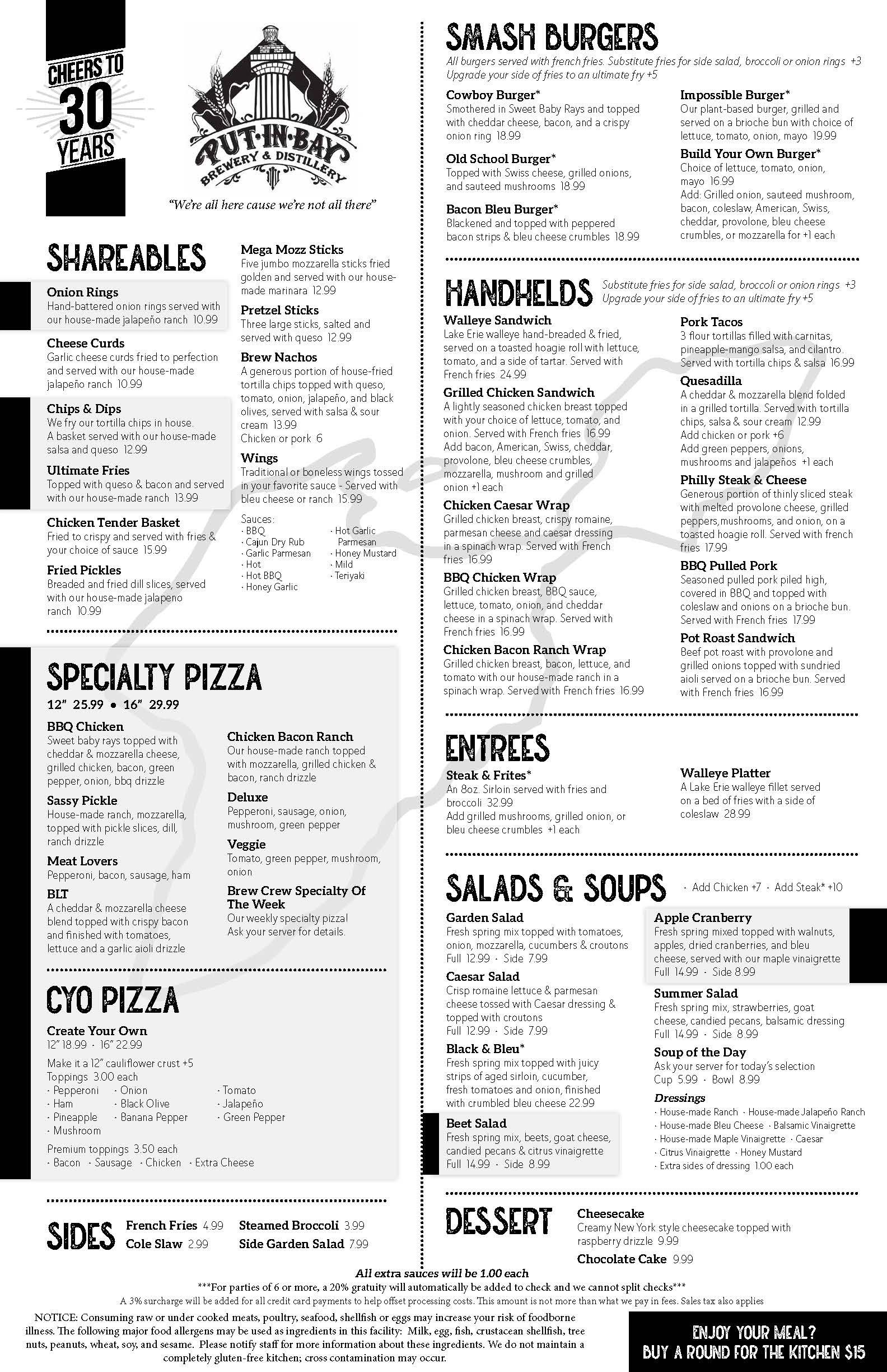 Menu from Put-in-Bay Brewery &amp; Distillery featuring shareables, specialty pizzas, burgers, handhelds, entrees, salads, and desserts.