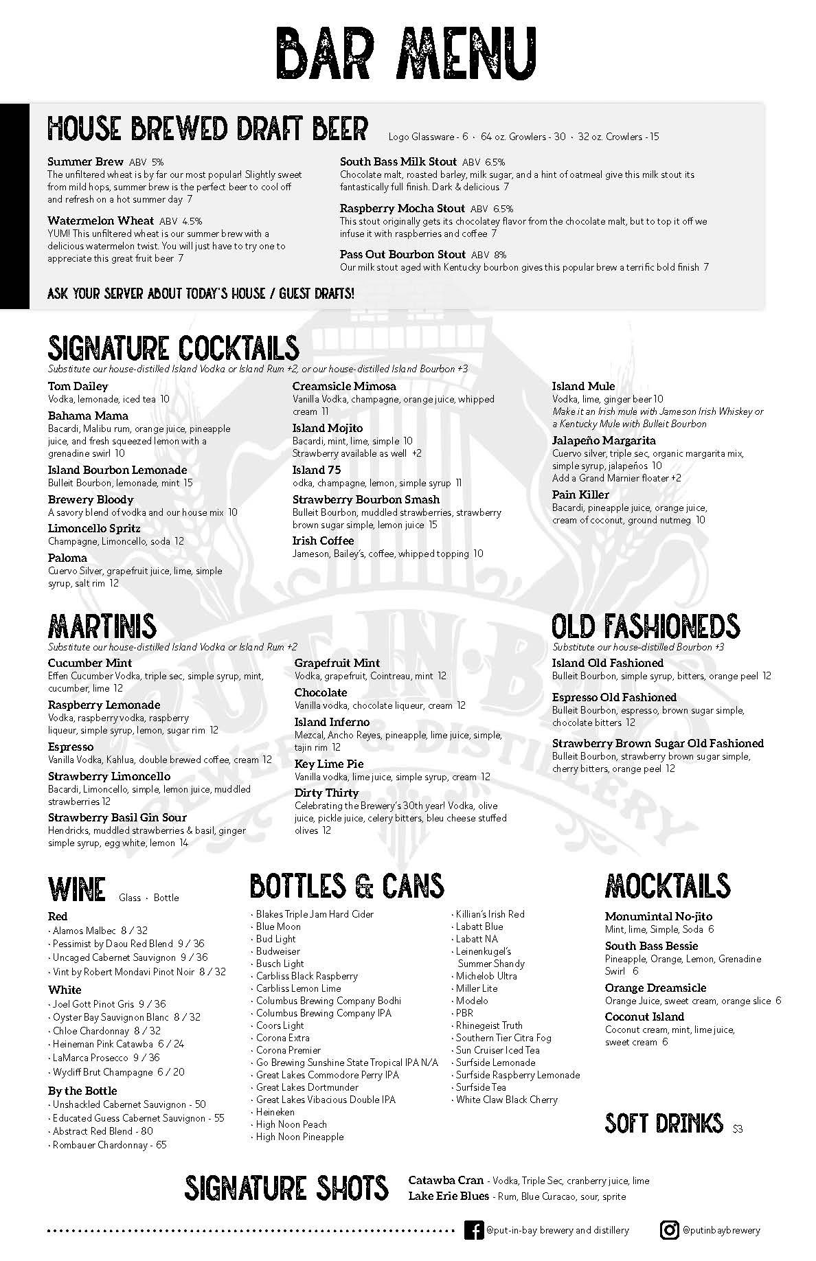 Bar menu featuring house brewed draft beers, signature cocktails, martinis, old fashioneds, wine, bottles &amp; cans, mocktails, and signature shots.