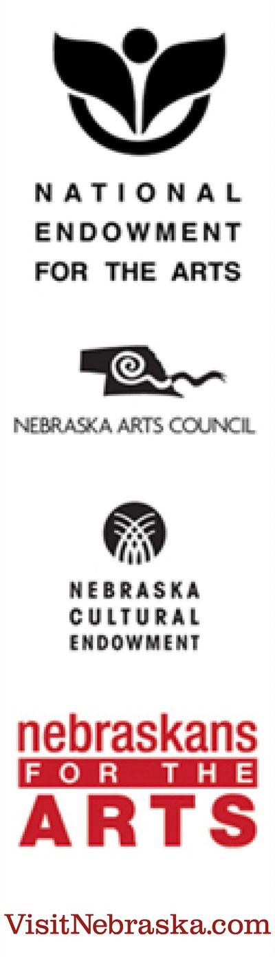 Logos and text promoting Nebraska arts organizations and VisitNebraska.com.