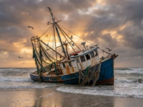 An old fishing boat rests on the shore at sunset with birds flying around.