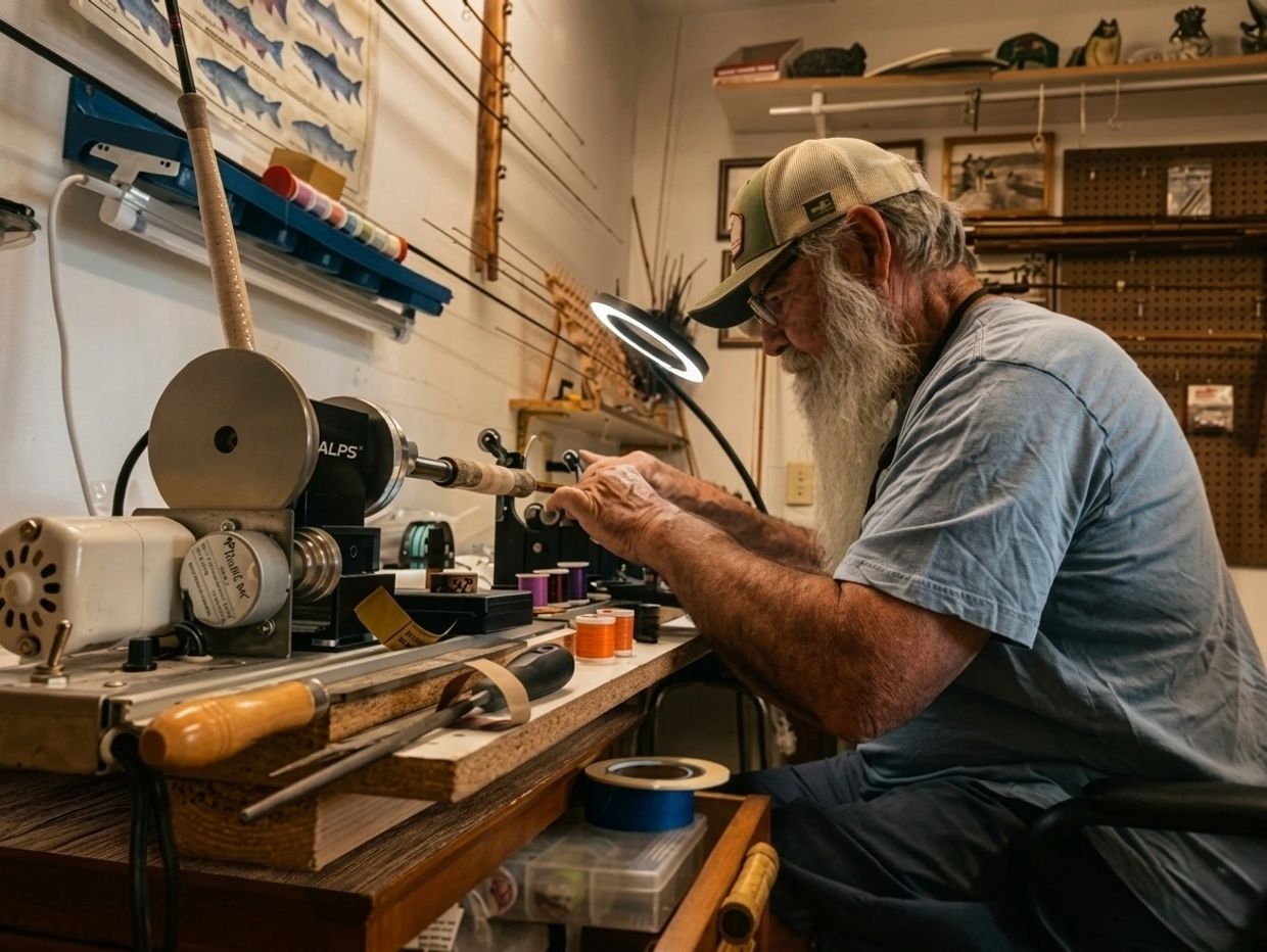 Older man working on a fishing rod in a workshop.