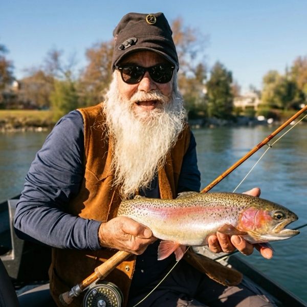 Elderly man proudly holding a large fish while fishing.