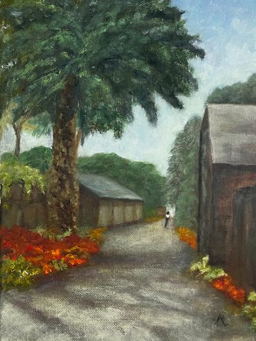 Oil painting inspired by an alley in Benicia, CA with flowers, trees, buildings, and fence.