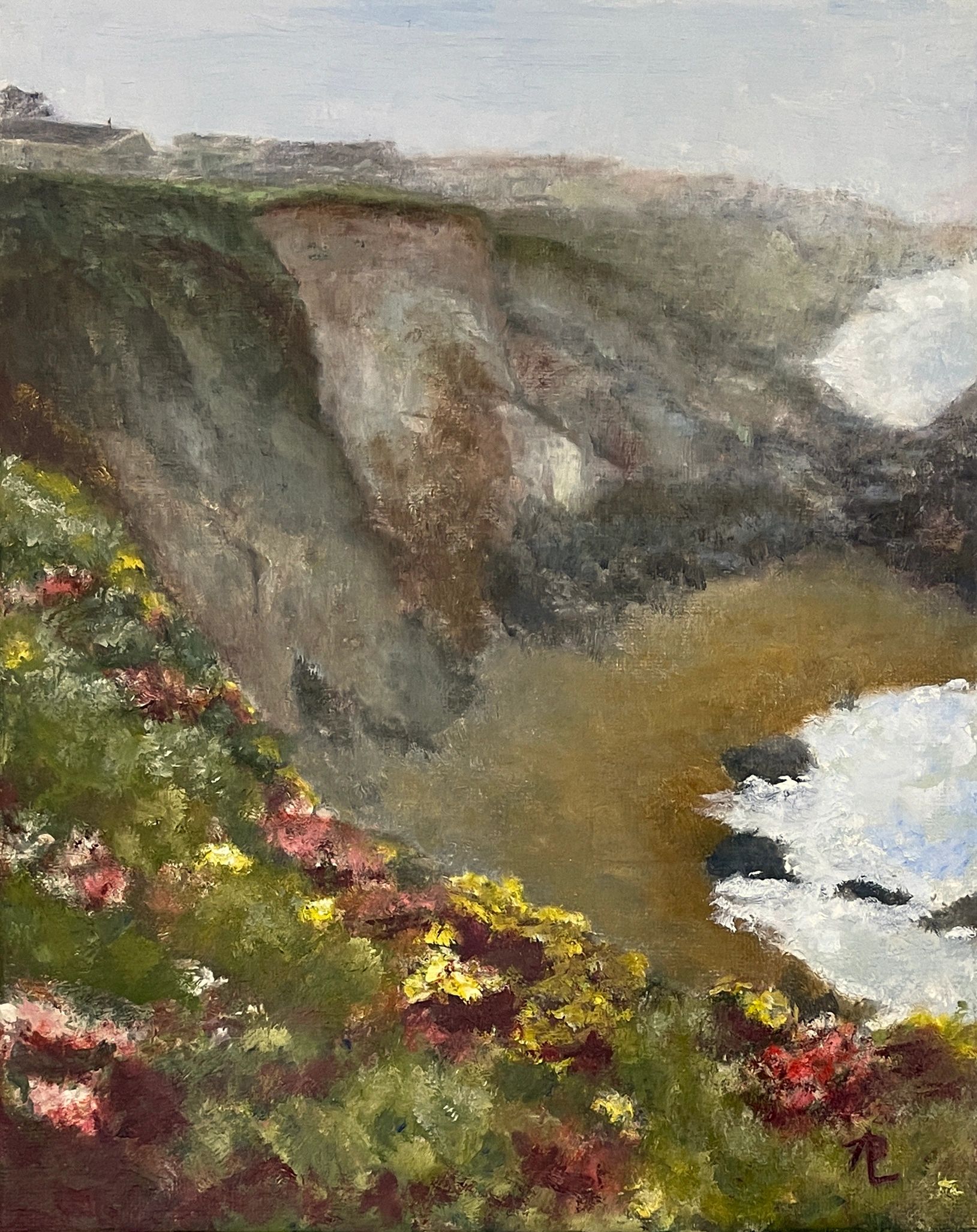 An oil painting of a Bodega Bay beach with flower-covered cliffs of homes set in fog.
