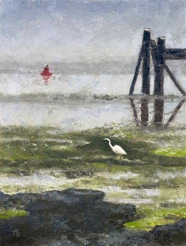 Oil painting of Bodega Bay along on water with an Egret searching for food; red buoy on a foggy day.