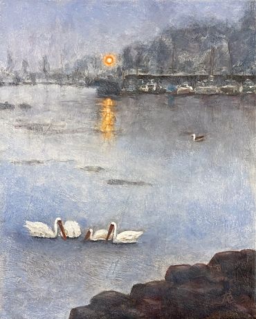 An oil painting of a Bodega Bay marina on the water with pelicans feeding on a foggy day.