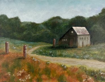 Oil painting of a barn home set along the road lined with orange flowers, grasses, and trees.
