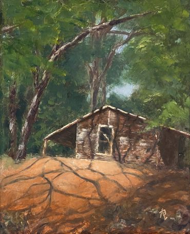 Oil painting of a cabin in the woods at Jack London Park in Sonoma County at Glen Ellen, CA. 