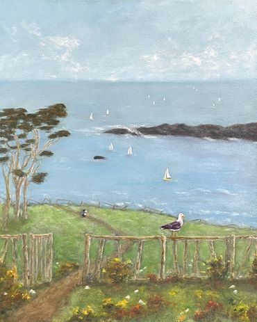 Oil painting of the Mendocino coast, seagull on fence, couple walk down a path, sailboats on ocean.