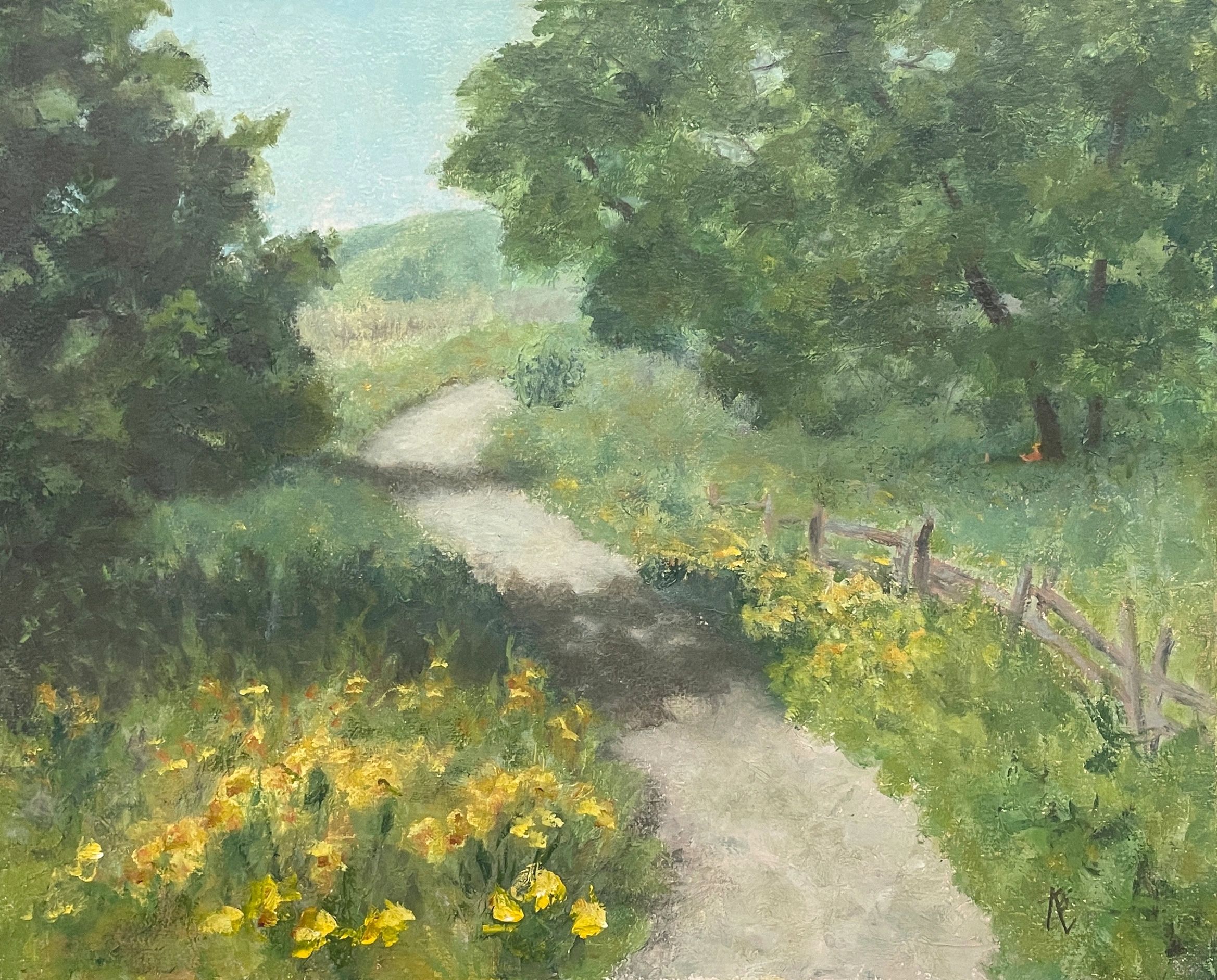 The trail is lined with yellow flowers, trees, a sleeping person in the shade, and a fence.
