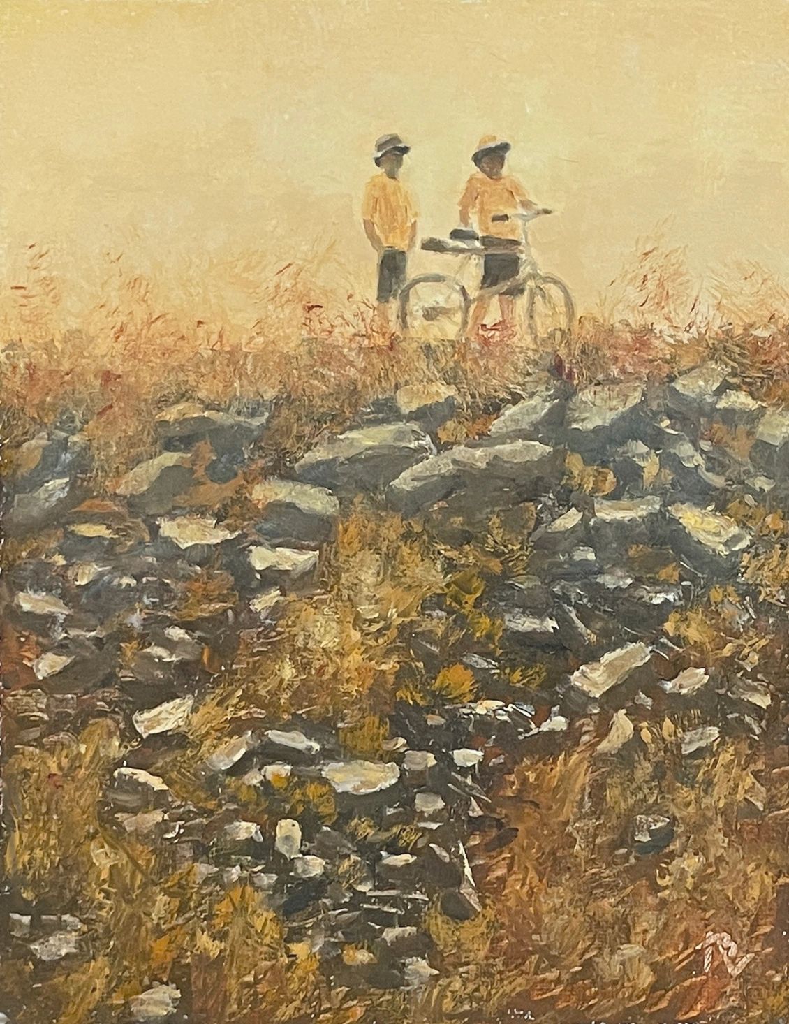 Two people with a bike stand looking out on a ridge of rock and burnt umber grass.