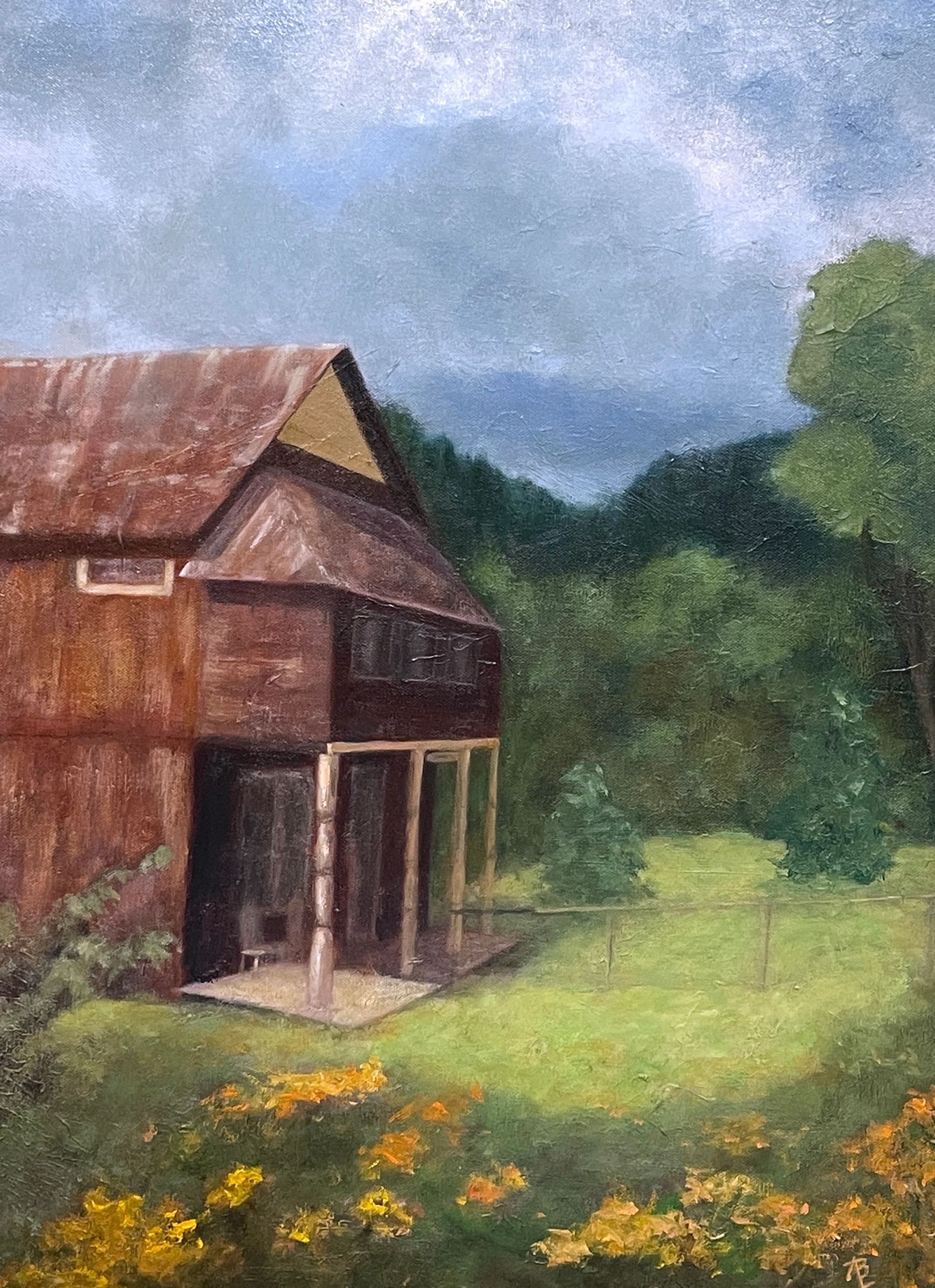 Oil painting of a building in the town of Washington CA among the sierra foothills.