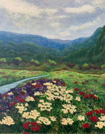 A painterly painting with red, purple, and white/yellow flowers, a river, and mountains.