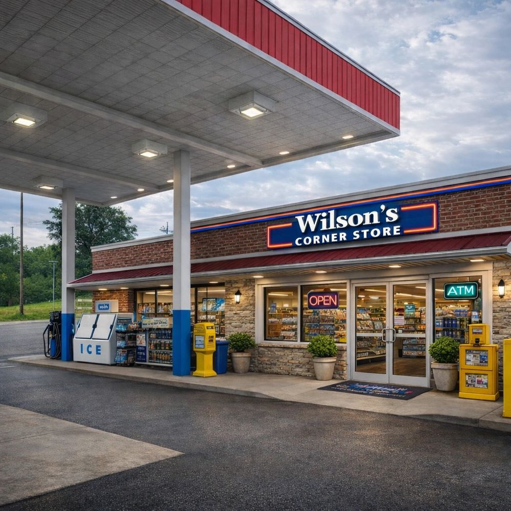 Wilson's Corner Store and gas station with neon signs and outdoor amenities.