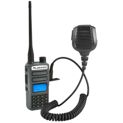 Handheld rugged radio with microphone attachment.