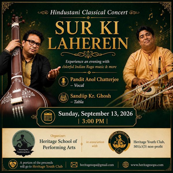 Hindustani classical concert poster featuring Pandit Anol Chatterjee and Sandiip Kr. Ghosh.