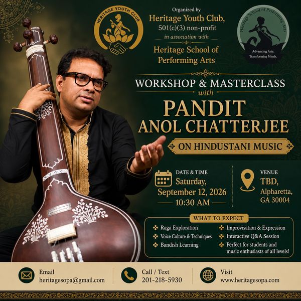 Workshop on Hindustani music with Pandit Anol Chatterjee on Sept 12, 2026.