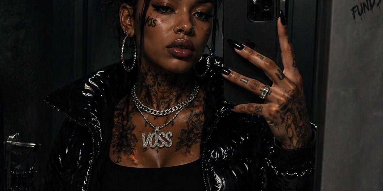 Tattooed woman with jewelry takes a mirror selfie in a dark setting.