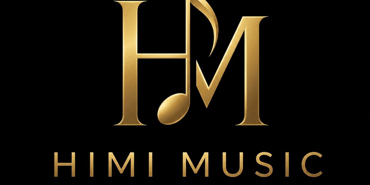Gold HM logo with musical note on black background for Himi Music.
