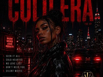 Woman in dark jacket with city night backdrop, 'COLD HEART' text.