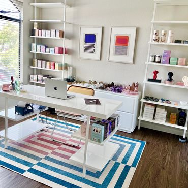 Bright white colorful office interior design by LaurenB Interiors.