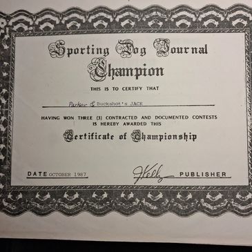 Certificate of championship for Parker &amp; Buckshot's Jack from 1987.