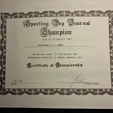 Certificate of Championship from Sporting Dog Journal.