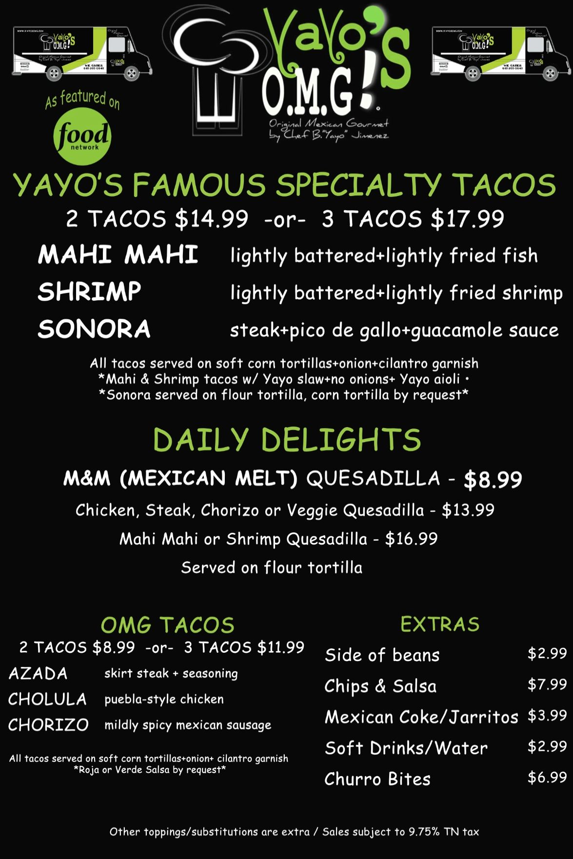 Menu featuring Yayo's specialty tacos and daily delights with prices and ingredients.
