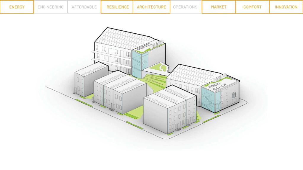 3D model of a residential complex with community spaces.