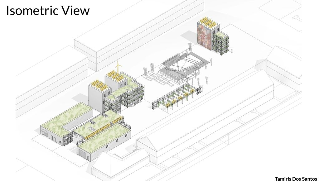 Isometric architectural view of a modern building complex.