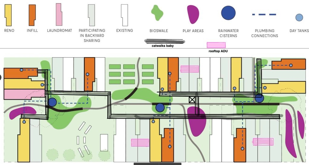 Urban plan showing housing, green spaces, and water features.