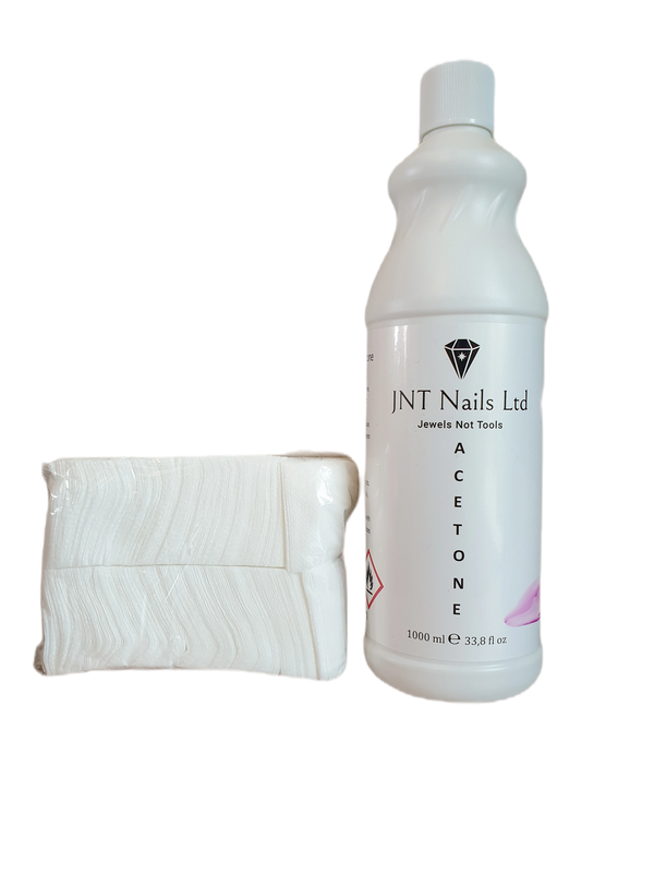 JNT Nails Pure Acetone Nail Varnish Remover and lint free pads.