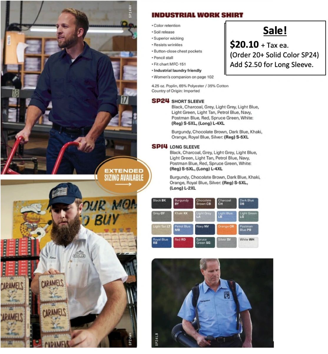 Industrial work shirts in various colors and sizes with sale pricing.