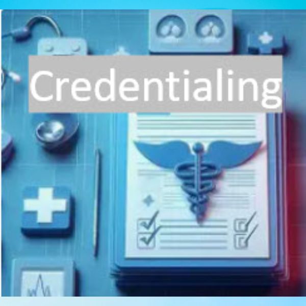 Medical credentialing concept with documents and medical symbols.