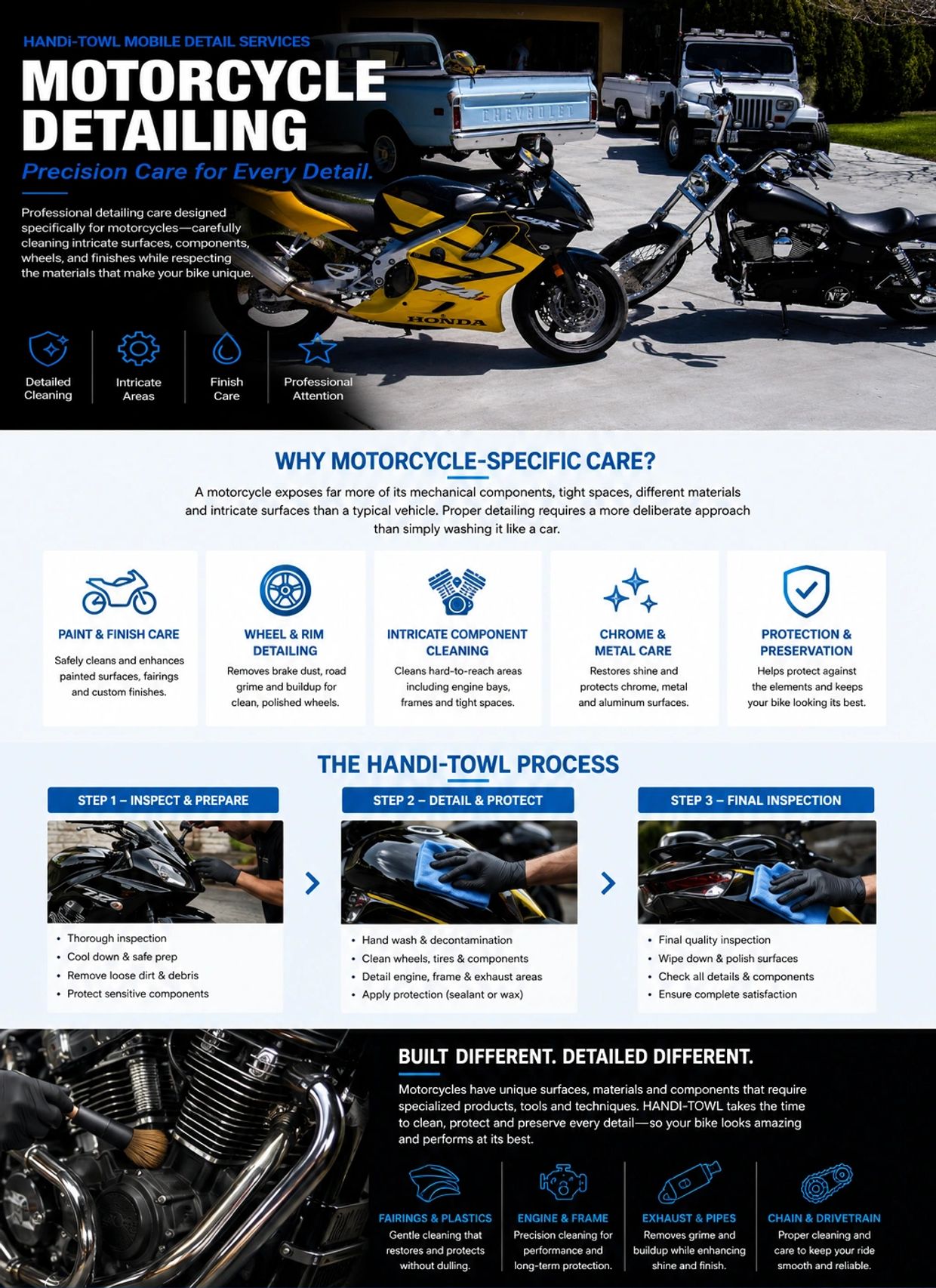 Flyer promoting professional motorcycle detailing services by HANDi-TOWL.