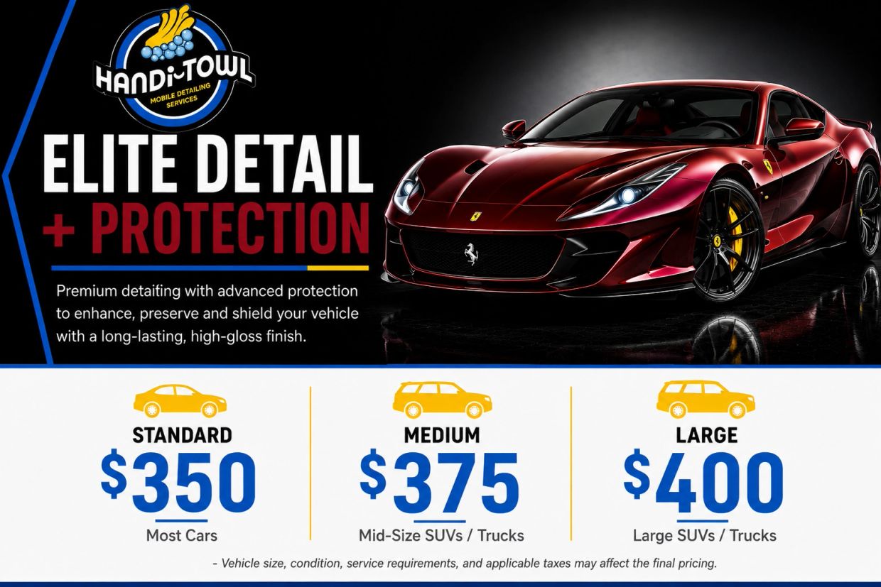 Elite car detailing and protection services with pricing tiers.