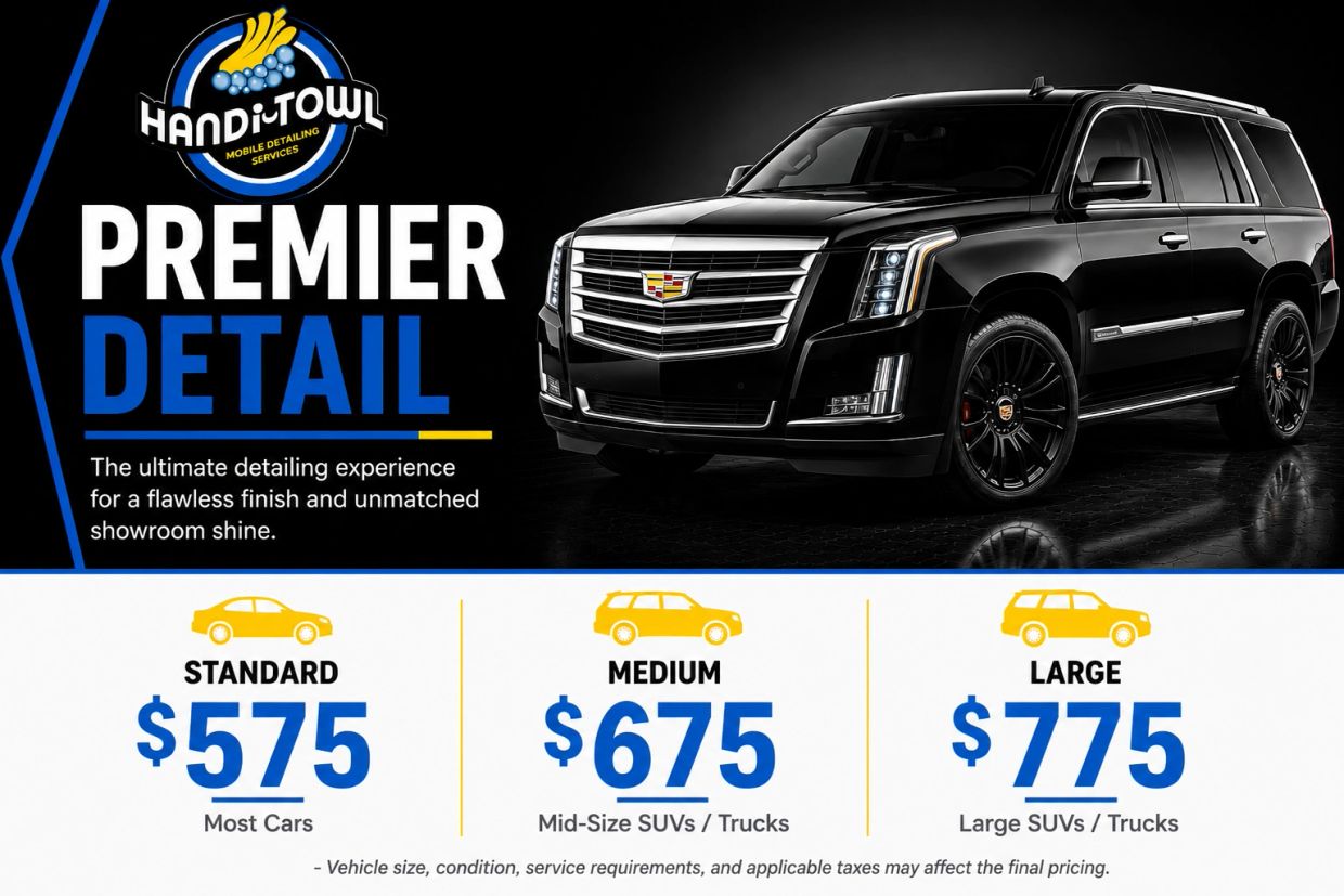 Premier detailing service with pricing for different vehicle sizes.