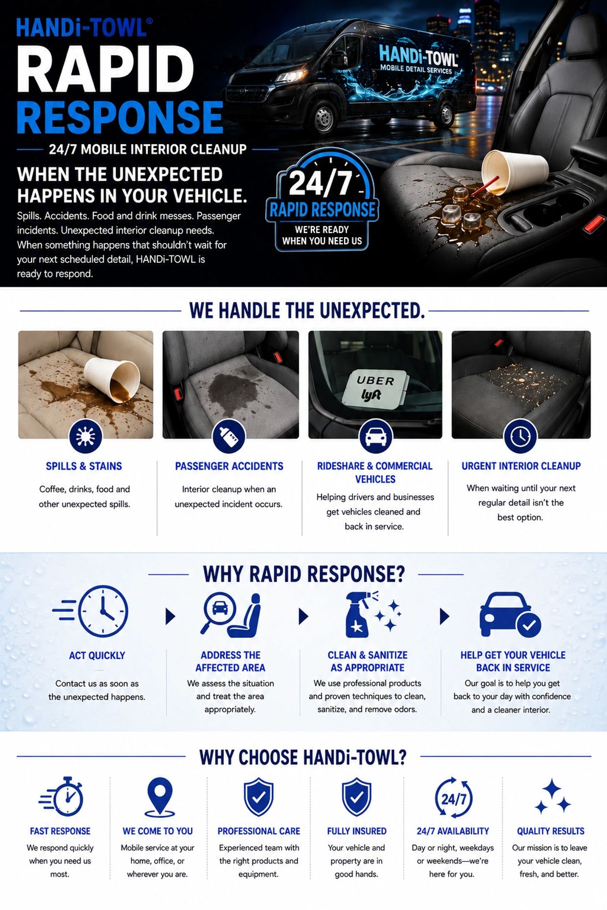 Handi-Towl offers 24/7 rapid mobile interior cleanup for unexpected vehicle messes.