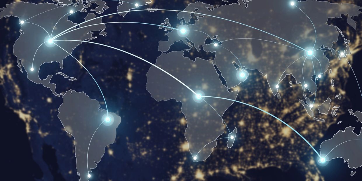 A map with connecting lines representing global supplier networks and FSVP compliance pathways.
