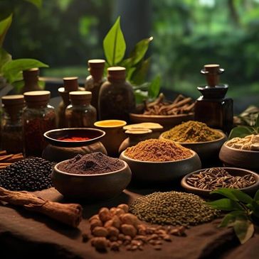 Various spices and herbs arranged in bowls with natural lighting.
