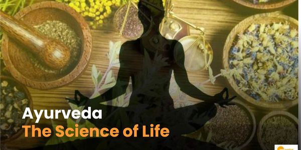 Silhouette meditating with Ayurveda herbs and text 'The Science of Life'.