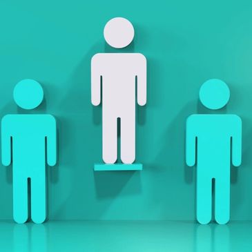 A white figure elevated above four blue figures on a turquoise background.