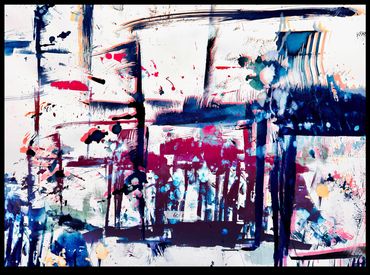 Abstract painting with bold splashes of blue, red, and white.