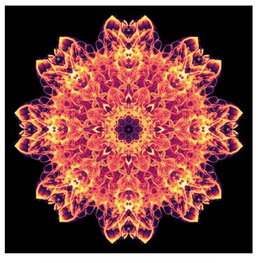Vibrant fiery mandala pattern with intricate symmetrical details on black background.