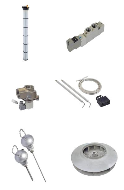 Various industrial and mechanical parts arranged in a grid on a white background.