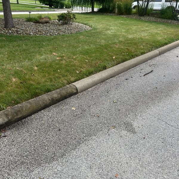 A suburban street with green lawns and trees along the curb.
